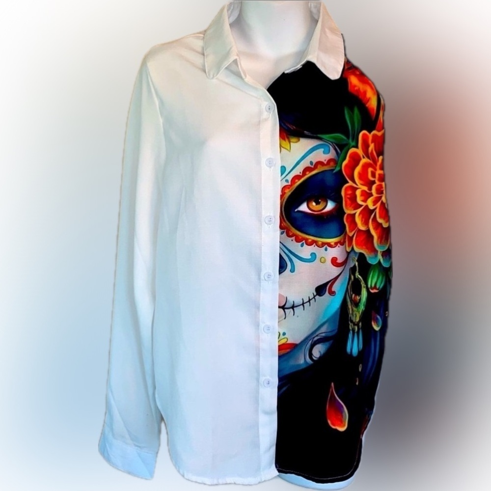 SUGAR SKULL blouse Women's, M EUC, Day of the Dead CATARINA face, iconic buttons
